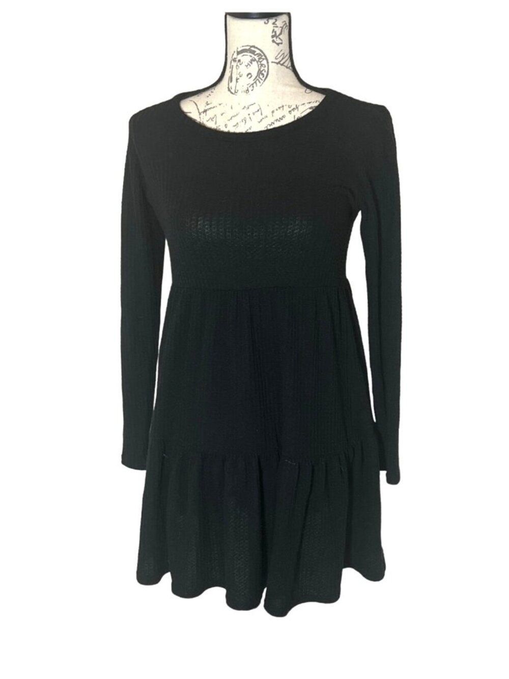 American Eagle Waffle Knit Mini Black Dress Tiered Long Sleeve Casual XS - Picture 1 of 9